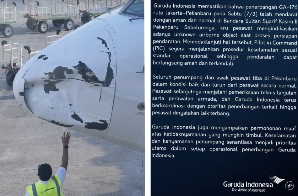 Pesawat Garuda GA-176 alami kerusakan hidung saat mendarat di Pekanbaru (foto/ist)
